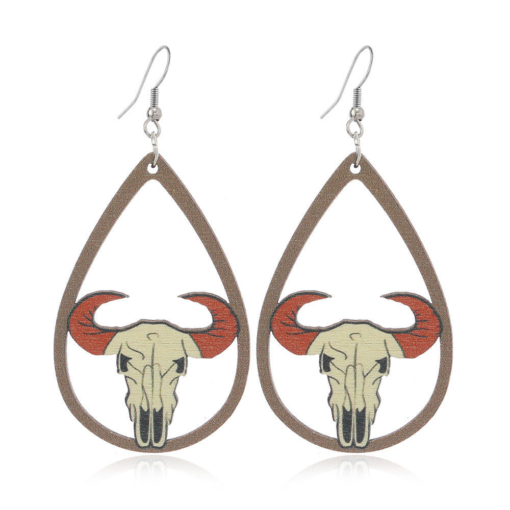 Wholesale Western Style Sunflower Bull Head Wooden Earrings